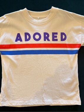 Mini Rodini Cream Tee with Purple Logo and Red & Blue Stripes